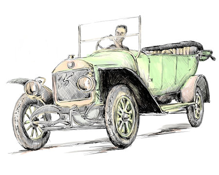 drawing, vintage car, old car, line drawing, hand drawn, old bus, old time,の素材
