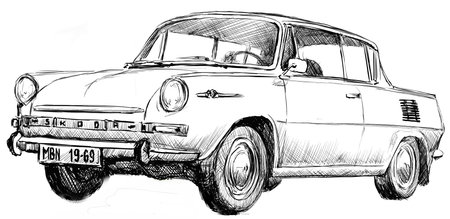 drawing, vintage car, old car, line drawing, hand drawnの素材
