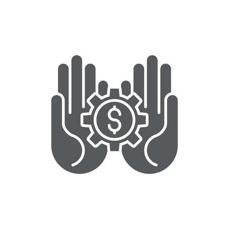 Hands holding gear and money vector icon symbol isolated on white backgroundのイラスト素材