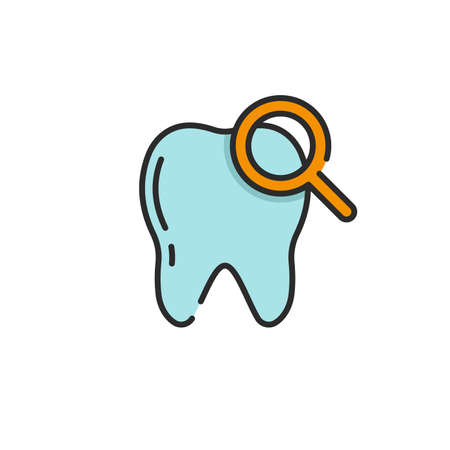 Tooth with magnifying glass vector icon sign and symbol isolated on white backgroundのイラスト素材