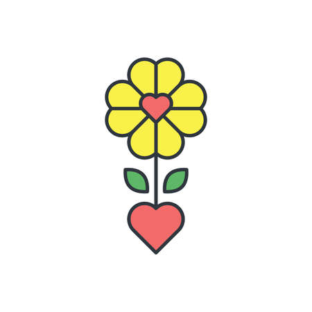 Flower with love heart icon, color, line, outline vector sign, linear style pictogram isolated on white. Symbol, logo illustration. Editable stroke. Pixel perfectのイラスト素材