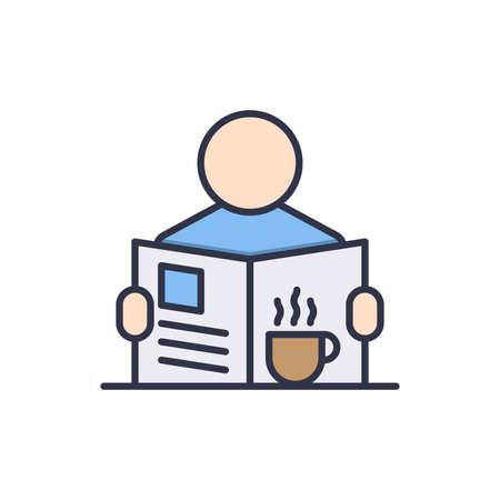 Reading newspaper with coffee and tea icon, color, line, outline vector sign, linear style pictogram isolated on white. Symbol, logo illustrationのイラスト素材