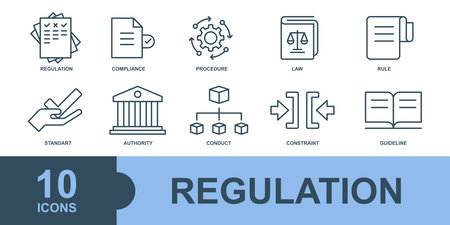 regulation icons set  line, outline vector sign, linear style pictogram isolated on white. Symbol, logo illustrationのイラスト素材