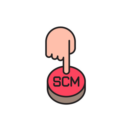Hand presses the button with text SCM Vector illustration