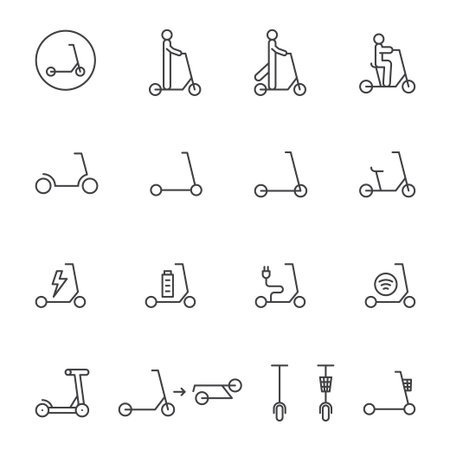 Kick scooter and electric scooter, icon set. Lineのイラスト素材
