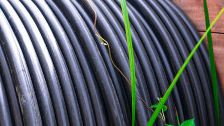 Close-up of black plastic pipe in the garden with green grassの写真素材