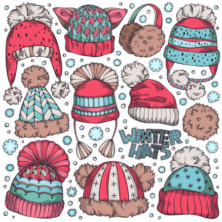 Hand-drawn cute set of different winter hats. Colorful seasonal headwear isolated on white backgroud. Vector illustrationのイラスト素材