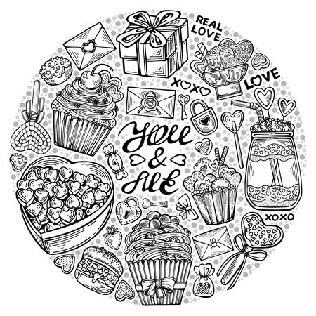 Hand drawn illustration in a circle on the theme of Valentine's Day. Isolated objects and hand drawn lettering on a white background. Pastel colors for lovers. Vector illustrationのイラスト素材