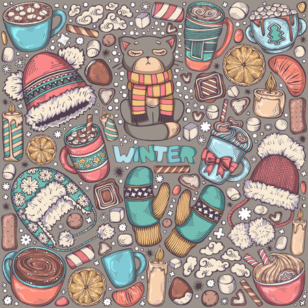 Colorful hand drawn set of winter elements - marshmallows, snowflakes, hot drinks, mittens, hat and others. Cozy symbols for cold season. Original image with isolated objects. Creative vector illustrationのイラスト素材