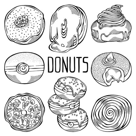 Hand drawn set of cartoon black and white donuts with different sprinkles isolated on white background. Pastry for menu design, cafe decoration and delivery box glazed cover. Vector illustrationのイラスト素材