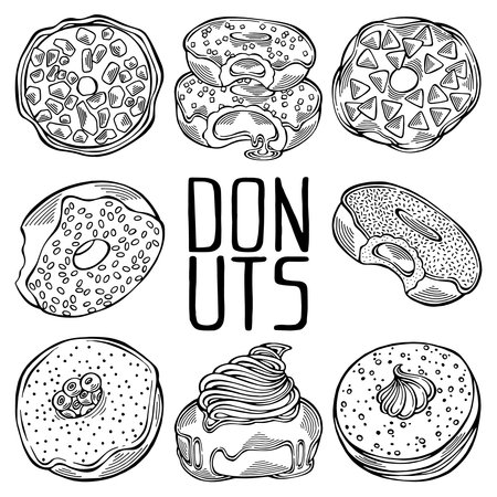 Hand drawn set of cartoon black and white donuts with different sprinkles isolated on white background. Pastry for menu design, cafe decoration and delivery box glazed cover. Vector illustrationのイラスト素材