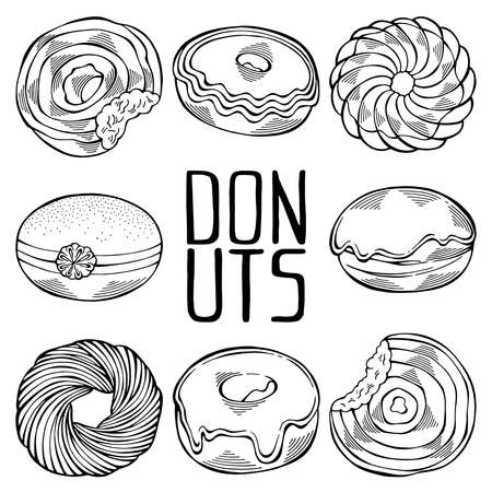 Hand drawn set of cartoon black and white donuts with different sprinkles isolated on white background. Pastry for menu design, cafe decoration and delivery box glazed cover. Vector illustrationのイラスト素材