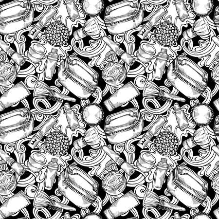 Hand-drawn black and white cosmetics and makeup seamless pattern on dark background. Beauty products and tools â mascara, lipstick, brush, powder, cream, cosmetics bag. Accessories for woman. Vector illustrationのイラスト素材