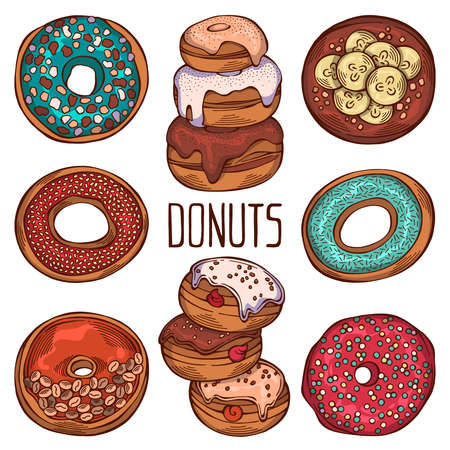 Hand drawn set of cartoon colorful donuts with different sprinkles isolated on white background. Pastry for menu design, cafe decoration and delivery box glazed cover. Vector illustrationのイラスト素材