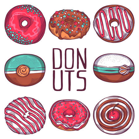 Hand drawn set of cartoon colorful donuts with different sprinkles isolated on white background. Pastry for menu design, cafe decoration and delivery box glazed cover. Vector illustrationのイラスト素材