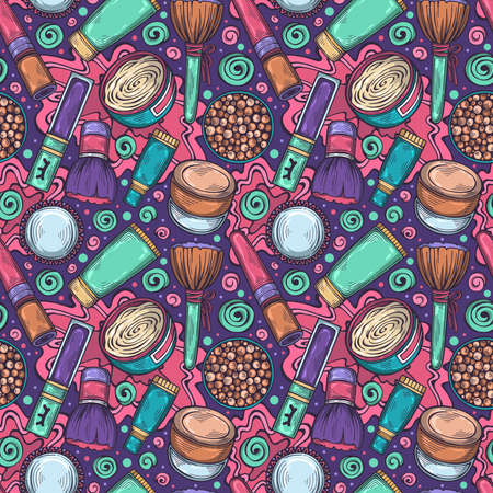 Hand-drawn colorful cosmetics and makeup seamless pattern on dark background. Beauty products and tools â mascara, lipstick, brush, powder, cream. Accessories for woman. Vector illustrationのイラスト素材