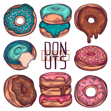 Hand drawn set of cartoon colorful donuts with different sprinkles isolated on white background. Pastry for menu design, cafe decoration and delivery box glazed cover. Vector illustrationのイラスト素材