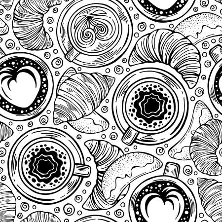 Hand-drawn coffee seamless pattern with cappuccino, espresso, bakery, croissants. Black and white detailed. Cute drink wallpaper. Vector illustrationのイラスト素材