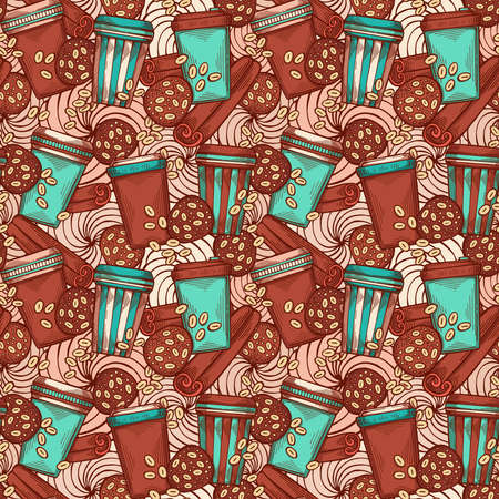 Hand-drawn coffee seamless pattern with cappuccino, cinnamon, cream, cookies, nuts. Colorful detailed. Cute drink wallpaper. Vector illustrationのイラスト素材