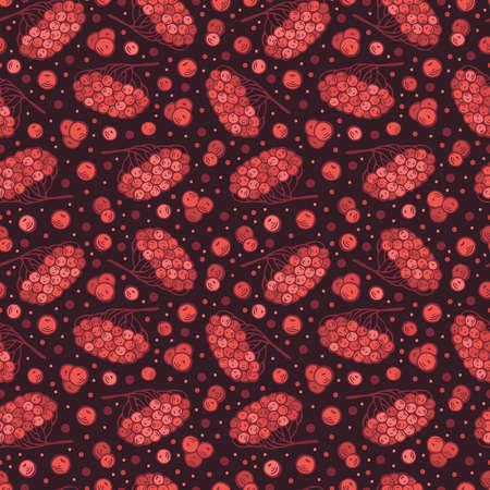 Hand-drawn colorful seamless pattern with rowan berries on dark background. Can be used for gift paper, textile, autumn greeting cards, wallpaper, pattern fill. Vector illustrationのイラスト素材