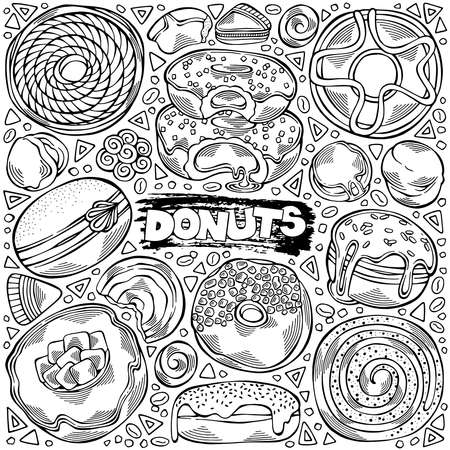 Black and white hand-drawn set of Donuts theme - items, objects and symbols. Pastry for menu design, cafe decoration and delivery box glazed cover. Vector illustrationのイラスト素材