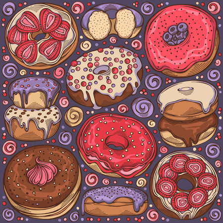 Colorful hand-drawn set of Donuts theme - items, objects and symbols. Pastry for menu design, cafe decoration and delivery box glazed cover. Vector illustrationのイラスト素材