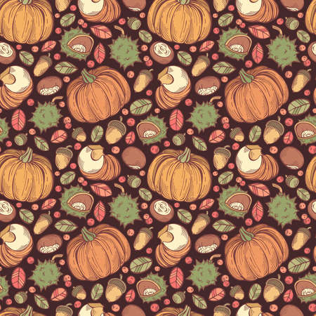 Hand-drawn colorful seamless pattern with rowan berries, pumpkins, chestnuts and leaves. Can be used for gift paper, textile, autumn greeting cards, wallpaper, pattern fill. Vector illustrationのイラスト素材
