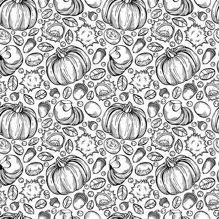 Hand-drawn black and white seamless pattern with rowan berries, pumpkins, chestnuts and leaves. Can be used for gift paper, textile, autumn greeting cards, wallpaper, pattern fill. Vector illustrationのイラスト素材