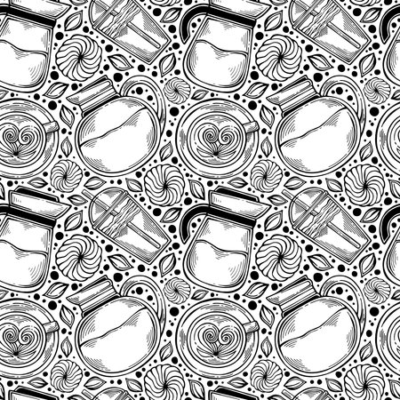 Hand-drawn hot drinks black and white seamless pattern with cappuccino, mugs, pots, cream and coffee leaves. Cute drink wallpaper. Creative vector illustrationのイラスト素材