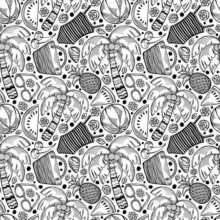 Cute hand drawn black and white seamless summer pattern. Funny doodle elements - watermelon, swimwear, pineapple, beach balls, palm trees. Tropical wrapping paper, textile design. Vector illustrationのイラスト素材