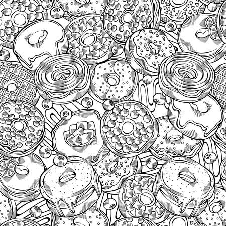 Cartoon hand-drawn donuts seamless pattern. Black and white design for menu, cafe decoration, textile, wallpaper, fabric and delivery box glazed cover. Glazed bakery setting vector backgroundのイラスト素材