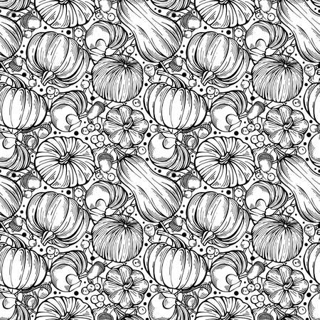 Hand-drawn black and white seamless pattern with rowan berries, pumpkins, acorns and leaves. Can be used for gift paper, textile, autumn greeting cards, wallpaper, pattern fill. Creative illustrationのイラスト素材