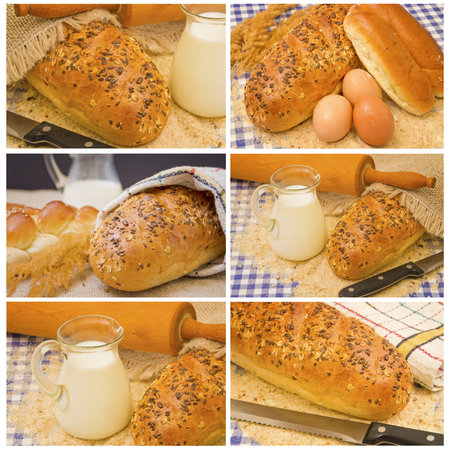 Bread, eggs and pastry with milk jug. Traditional food collage.
