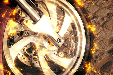 Motorbike wheel in flameの写真素材