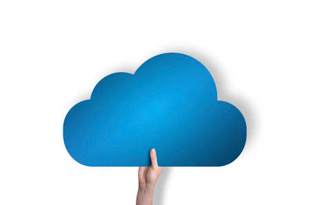 Blue cloud in hand isolated on white backgroundの写真素材