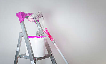 Paint roller and bucket ready for use. Decoration concept.の写真素材