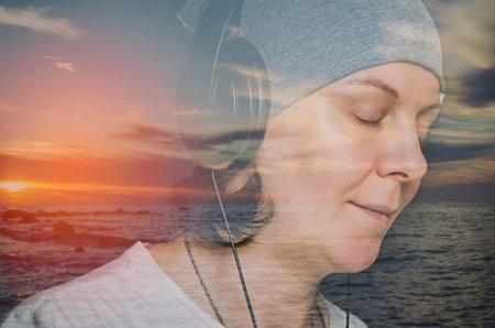 Portrait of hipster woman with headphones. Double exposure image.
