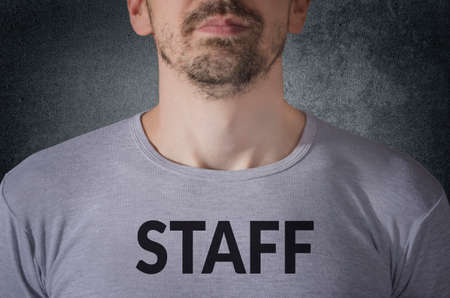 Staff tittle on gray t shirt front viewの写真素材