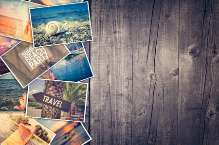Travel photo collage on wooden backgroundの写真素材