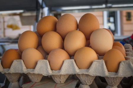 Fresh chicken eggs at the marketの写真素材