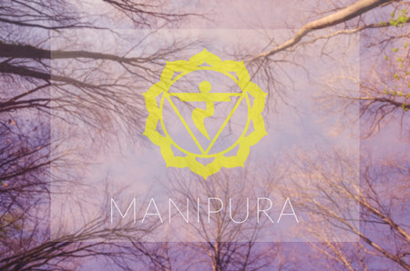 Manipura chakra symbol. Poster for yoga class with sky view.の写真素材