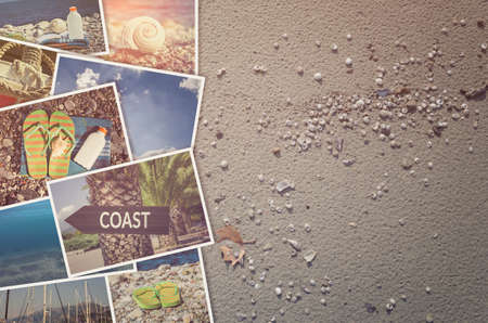 Travel photo collage on beach sand backgroundの写真素材