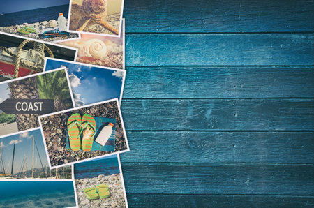 Travel photo collage on wooden backgroundの写真素材