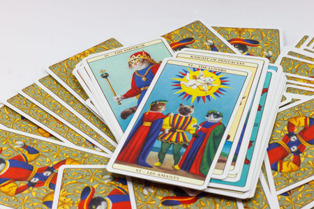 BANGKOK THAILAND  MAY 10 illustrative editorial tarot cards on the table on May 10 2015 at Bangkok...