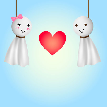 Female and male teru teru bozu doll in love moment with red heart and clear blue background.のイラスト素材