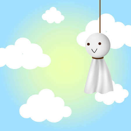 Teru teru bozu, japanese traditional handmade doll to stop a rainy day with clear blue sky background.のイラスト素材