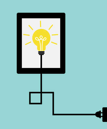 Idea lamp with tablet and electric plug on light blue background.のイラスト素材