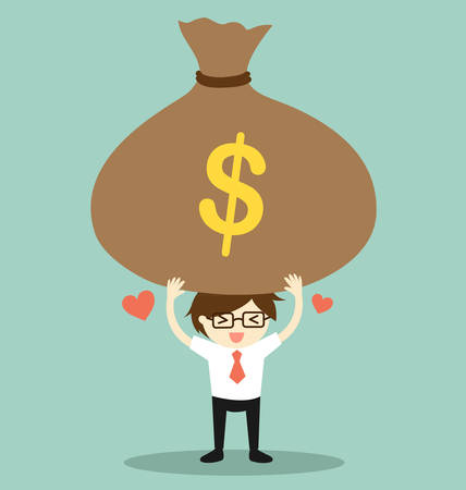 Business concept, Businessman feeling happy with big bag of money. Vector illustration.のイラスト素材