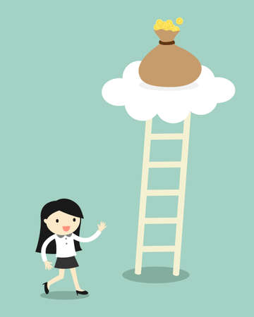Business concept, Business woman going to climb the ladder for get a bag of money. illustration.のイラスト素材