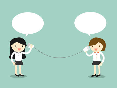 Business concept, Two business woman talking via cup telephone. Vector illustration.のイラスト素材